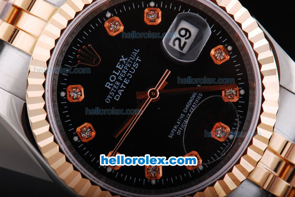 Rolex Datejust Oyster Perpetual Automatic Rose Gold Bezel with Black Dial and Diamond Marking-Small Calendar - Click Image to Close